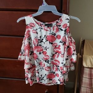 Red white and black cold shoulder top
